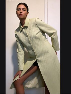 TAHARI Sleek, shimmer, hidden button, pockets, long coat with silky inner lining